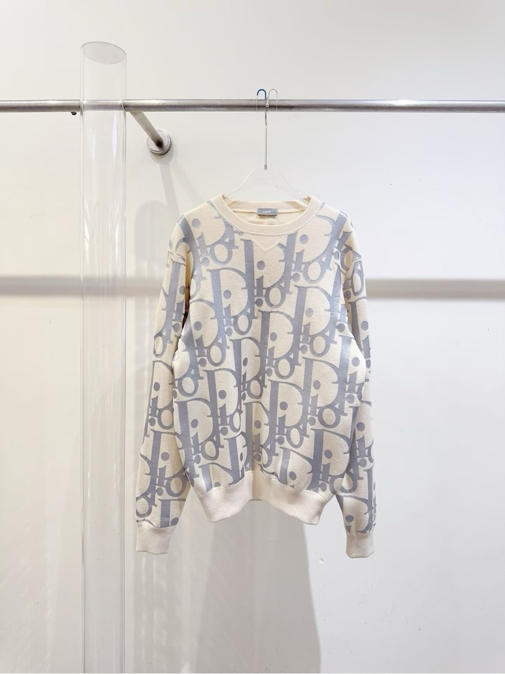 Dior Cream and Light Gray Logo Jacquard Crew Neck Sweater
